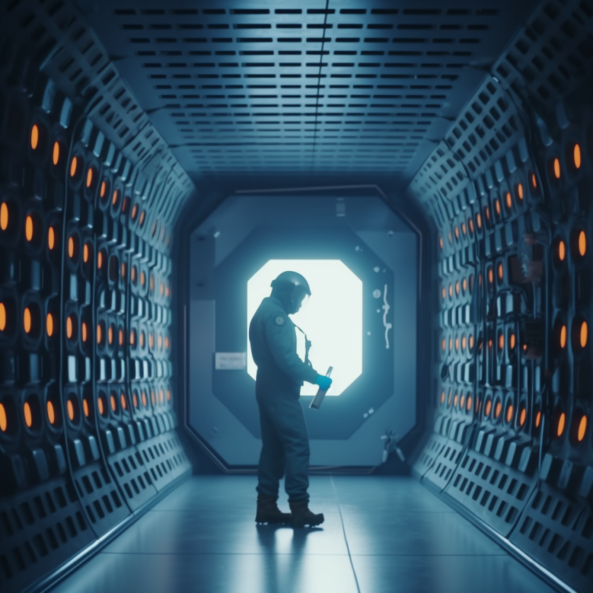 futuristic maintenance worker opens a metal panel in a tunnel, in the style of corporate advertisement, futuristic workpalce promotional videography